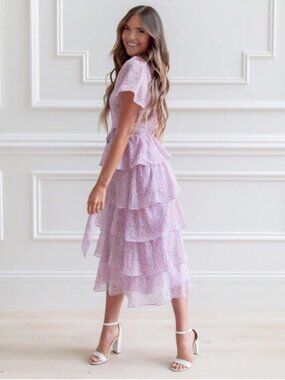 Rachel Parcell Floral Ruffle Tiered Lilac Midi Dress Large